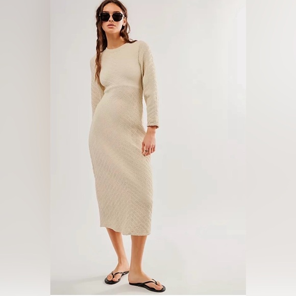 NWOT Free People Gabby Seamless Midi Dress in Tan/Cream, size